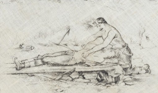 A  miner bandages an injured colleague with a makeshift stretcher visible. Image: Wellcome Library, London]